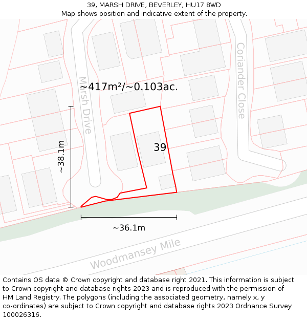 39, MARSH DRIVE, BEVERLEY, HU17 8WD: Plot and title map