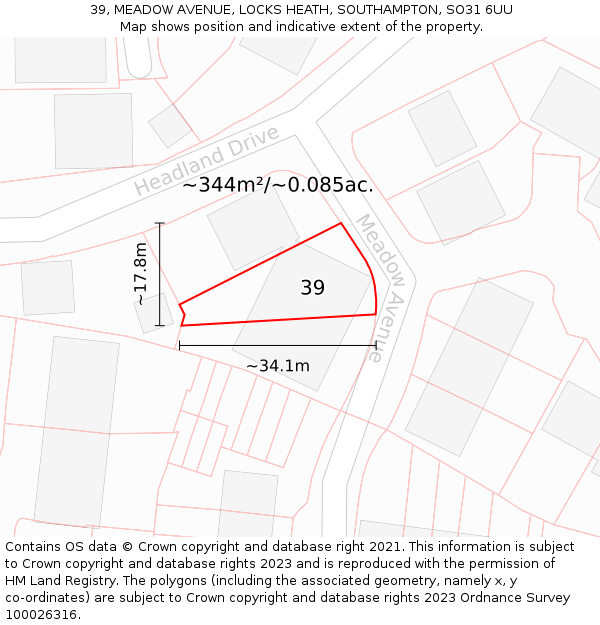 39, MEADOW AVENUE, LOCKS HEATH, SOUTHAMPTON, SO31 6UU: Plot and title map