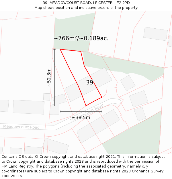39, MEADOWCOURT ROAD, LEICESTER, LE2 2PD: Plot and title map