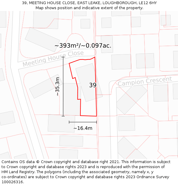 39, MEETING HOUSE CLOSE, EAST LEAKE, LOUGHBOROUGH, LE12 6HY: Plot and title map