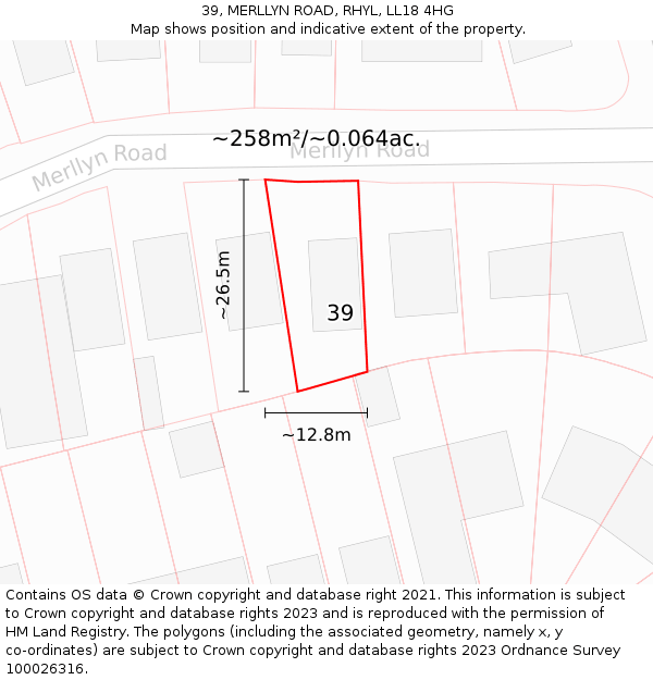 39, MERLLYN ROAD, RHYL, LL18 4HG: Plot and title map