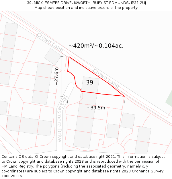 39, MICKLESMERE DRIVE, IXWORTH, BURY ST EDMUNDS, IP31 2UJ: Plot and title map