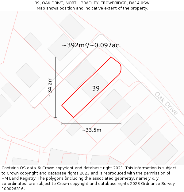 39, OAK DRIVE, NORTH BRADLEY, TROWBRIDGE, BA14 0SW: Plot and title map