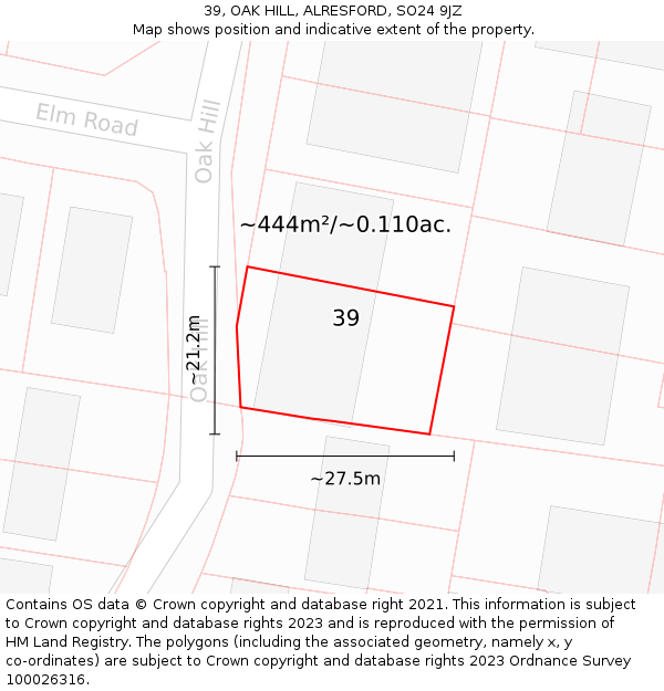 39, OAK HILL, ALRESFORD, SO24 9JZ: Plot and title map