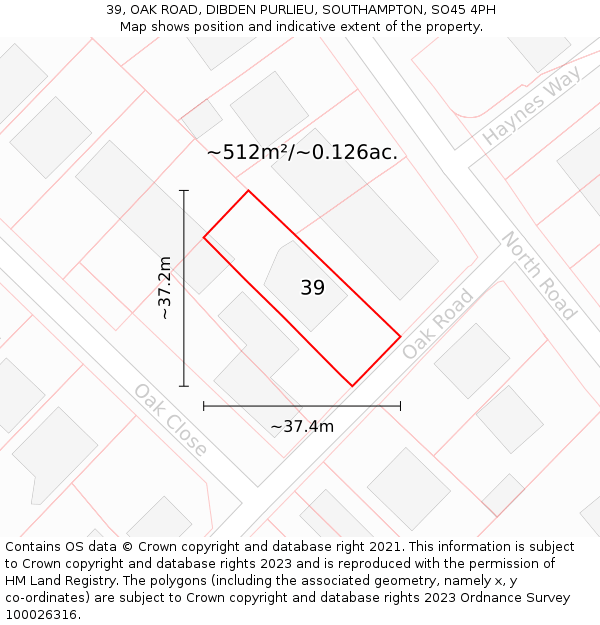 39, OAK ROAD, DIBDEN PURLIEU, SOUTHAMPTON, SO45 4PH: Plot and title map