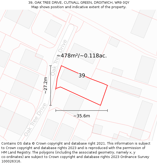 39, OAK TREE DRIVE, CUTNALL GREEN, DROITWICH, WR9 0QY: Plot and title map