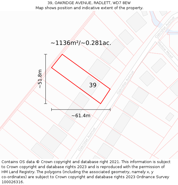 39, OAKRIDGE AVENUE, RADLETT, WD7 8EW: Plot and title map