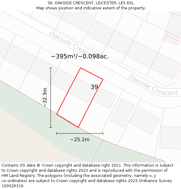 39, OAKSIDE CRESCENT, LEICESTER, LE5 6SL: Plot and title map