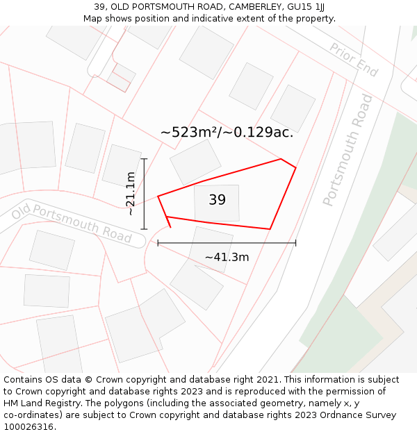 39, OLD PORTSMOUTH ROAD, CAMBERLEY, GU15 1JJ: Plot and title map