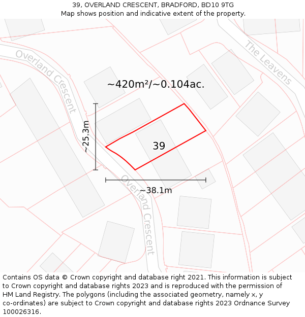 39, OVERLAND CRESCENT, BRADFORD, BD10 9TG: Plot and title map