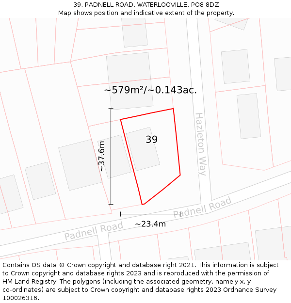 39, PADNELL ROAD, WATERLOOVILLE, PO8 8DZ: Plot and title map