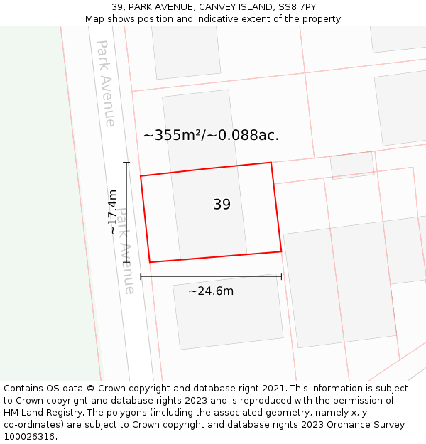 39, PARK AVENUE, CANVEY ISLAND, SS8 7PY: Plot and title map