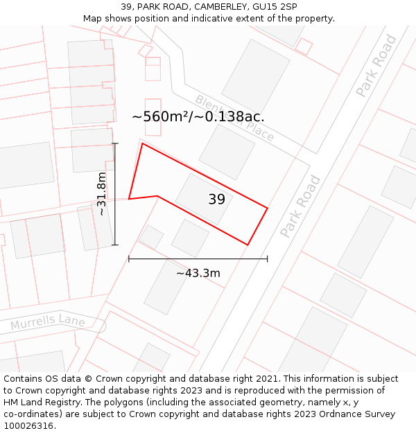 39, PARK ROAD, CAMBERLEY, GU15 2SP: Plot and title map