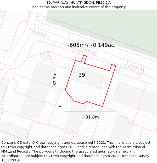 39, PARKWAY, HUNTINGDON, PE29 6JA: Plot and title map