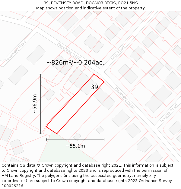 39, PEVENSEY ROAD, BOGNOR REGIS, PO21 5NS: Plot and title map