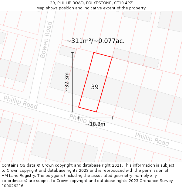 39, PHILLIP ROAD, FOLKESTONE, CT19 4PZ: Plot and title map