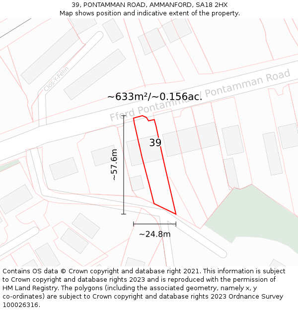 39, PONTAMMAN ROAD, AMMANFORD, SA18 2HX: Plot and title map