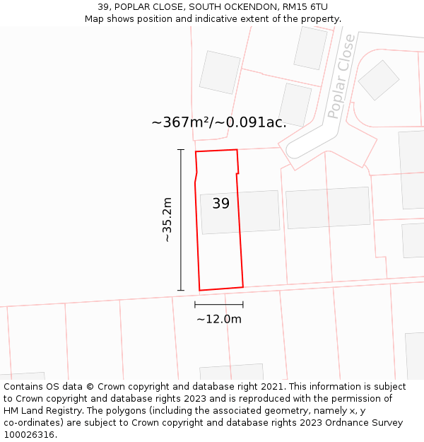 39, POPLAR CLOSE, SOUTH OCKENDON, RM15 6TU: Plot and title map