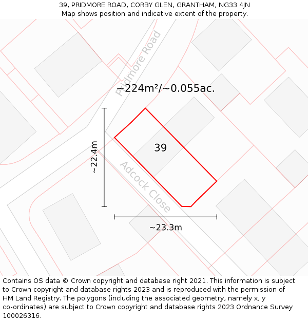 39, PRIDMORE ROAD, CORBY GLEN, GRANTHAM, NG33 4JN: Plot and title map