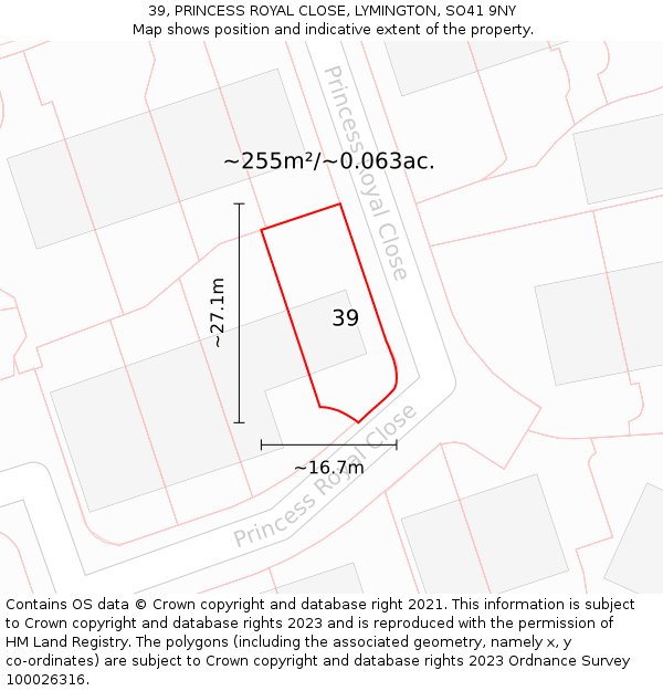 39, PRINCESS ROYAL CLOSE, LYMINGTON, SO41 9NY: Plot and title map