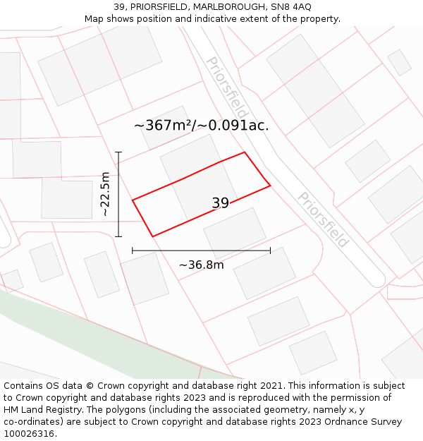 39, PRIORSFIELD, MARLBOROUGH, SN8 4AQ: Plot and title map