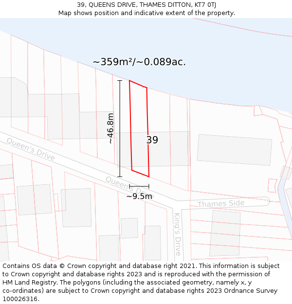 39, QUEENS DRIVE, THAMES DITTON, KT7 0TJ: Plot and title map