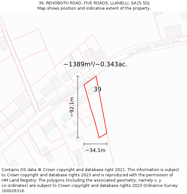 39, REHOBOTH ROAD, FIVE ROADS, LLANELLI, SA15 5DJ: Plot and title map