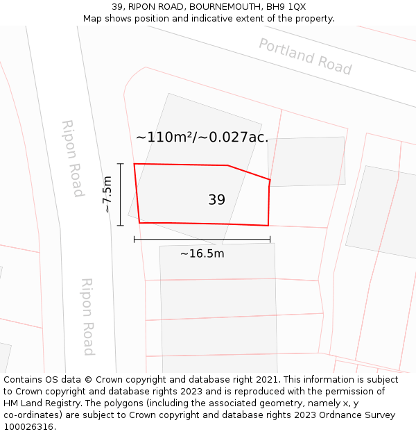 39, RIPON ROAD, BOURNEMOUTH, BH9 1QX: Plot and title map