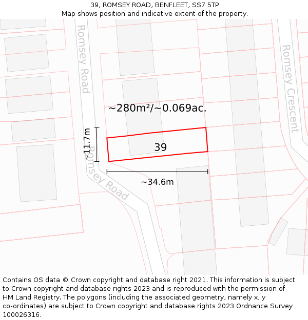 39, ROMSEY ROAD, BENFLEET, SS7 5TP: Plot and title map