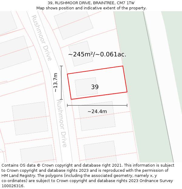 39, RUSHMOOR DRIVE, BRAINTREE, CM7 1TW: Plot and title map