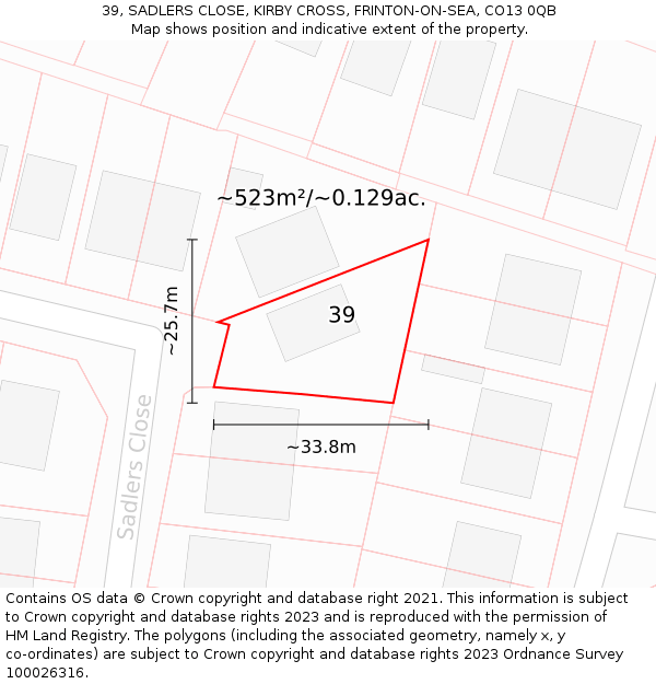 39, SADLERS CLOSE, KIRBY CROSS, FRINTON-ON-SEA, CO13 0QB: Plot and title map