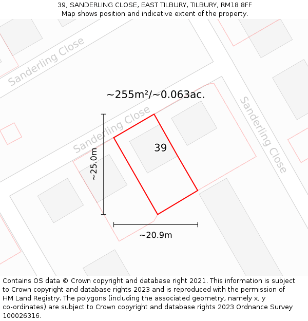 39, SANDERLING CLOSE, EAST TILBURY, TILBURY, RM18 8FF: Plot and title map