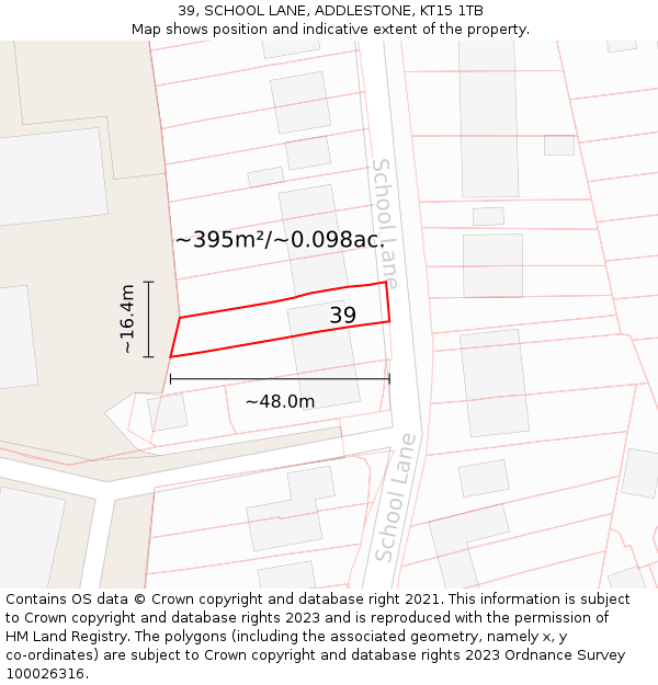 39, SCHOOL LANE, ADDLESTONE, KT15 1TB: Plot and title map