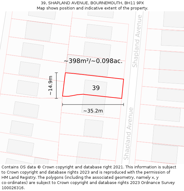39, SHAPLAND AVENUE, BOURNEMOUTH, BH11 9PX: Plot and title map