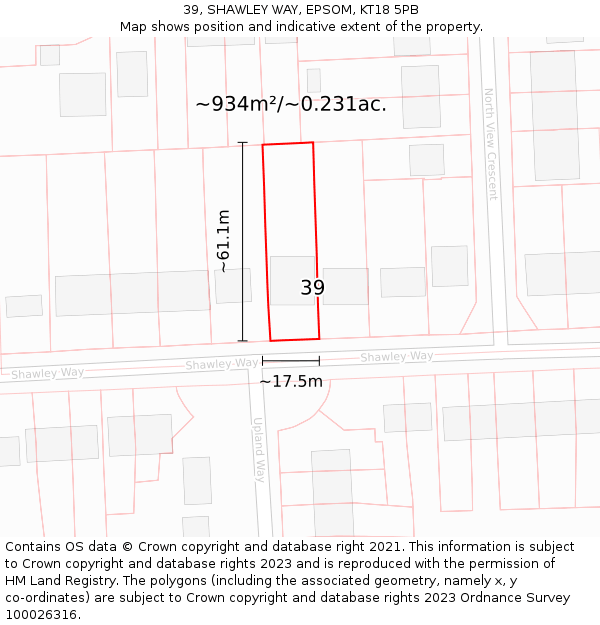 39, SHAWLEY WAY, EPSOM, KT18 5PB: Plot and title map