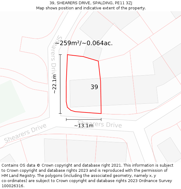 39, SHEARERS DRIVE, SPALDING, PE11 3ZJ: Plot and title map