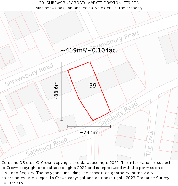 39, SHREWSBURY ROAD, MARKET DRAYTON, TF9 3DN: Plot and title map