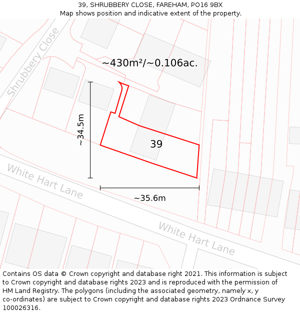 39, SHRUBBERY CLOSE, FAREHAM, PO16 9BX: Plot and title map