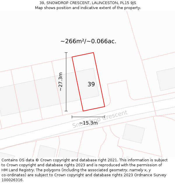 39, SNOWDROP CRESCENT, LAUNCESTON, PL15 9JS: Plot and title map