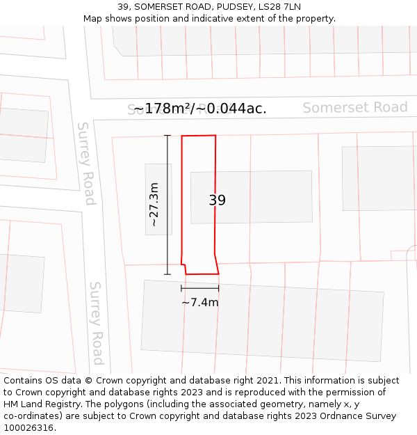 39, SOMERSET ROAD, PUDSEY, LS28 7LN: Plot and title map