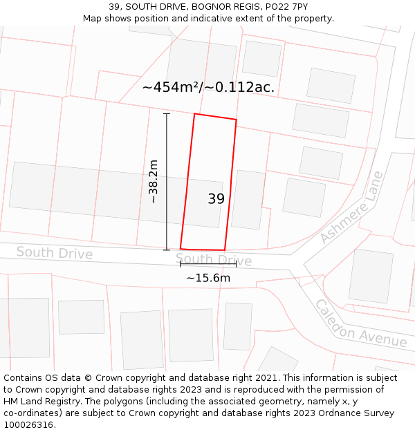 39, SOUTH DRIVE, BOGNOR REGIS, PO22 7PY: Plot and title map