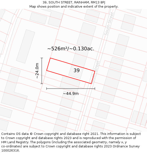 39, SOUTH STREET, RAINHAM, RM13 8PJ: Plot and title map