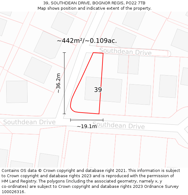 39, SOUTHDEAN DRIVE, BOGNOR REGIS, PO22 7TB: Plot and title map