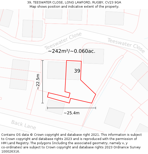 39, TEESWATER CLOSE, LONG LAWFORD, RUGBY, CV23 9GA: Plot and title map
