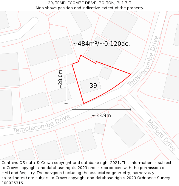 39, TEMPLECOMBE DRIVE, BOLTON, BL1 7LT: Plot and title map