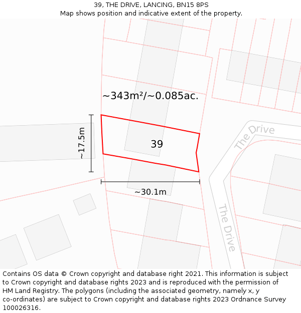 39, THE DRIVE, LANCING, BN15 8PS: Plot and title map