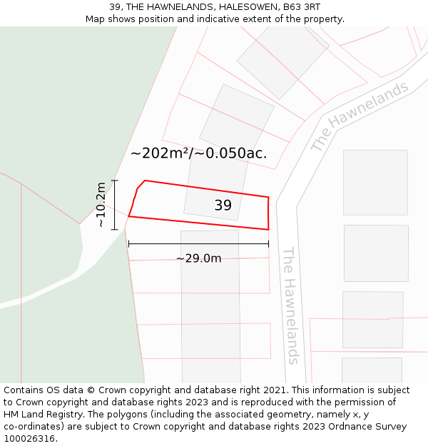 39, THE HAWNELANDS, HALESOWEN, B63 3RT: Plot and title map