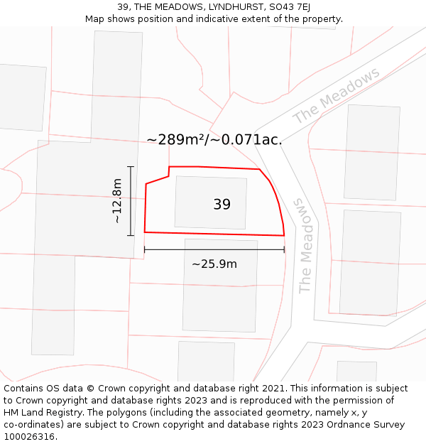 39, THE MEADOWS, LYNDHURST, SO43 7EJ: Plot and title map