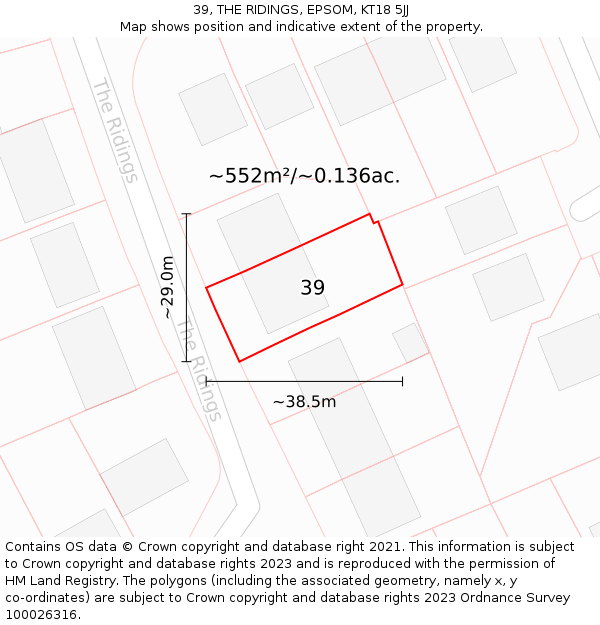 39, THE RIDINGS, EPSOM, KT18 5JJ: Plot and title map