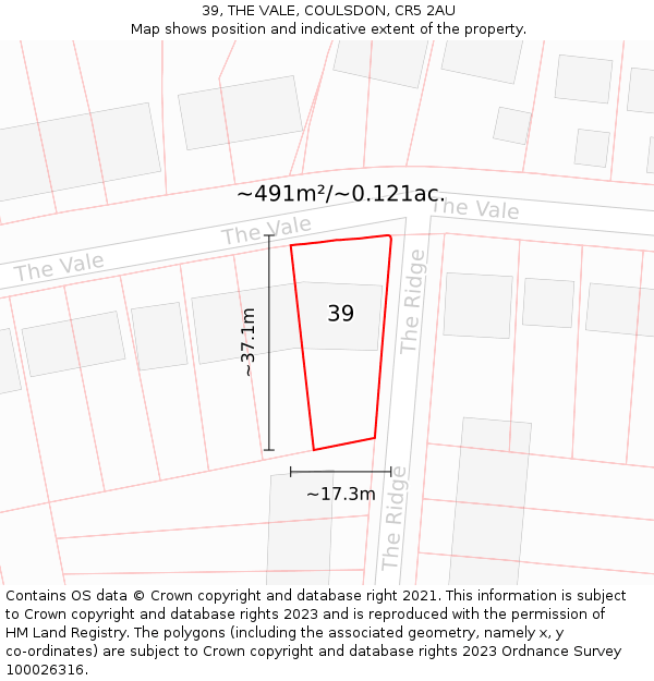 39, THE VALE, COULSDON, CR5 2AU: Plot and title map